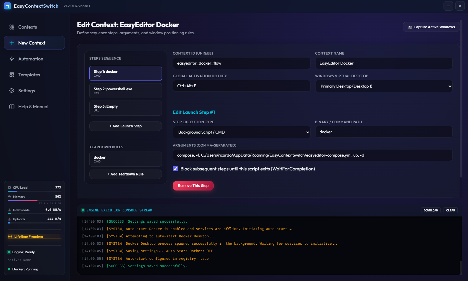 Workspace profile with integrated Docker Container actions and execution sequence