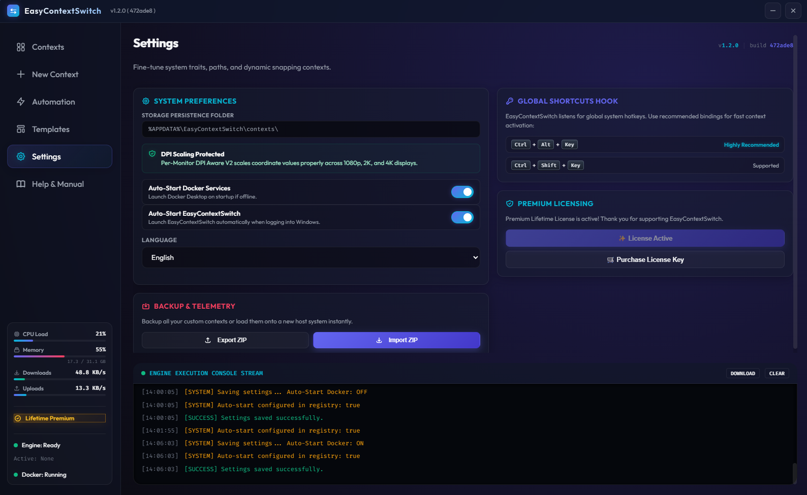 System settings, configuration file paths and hotkey registrations