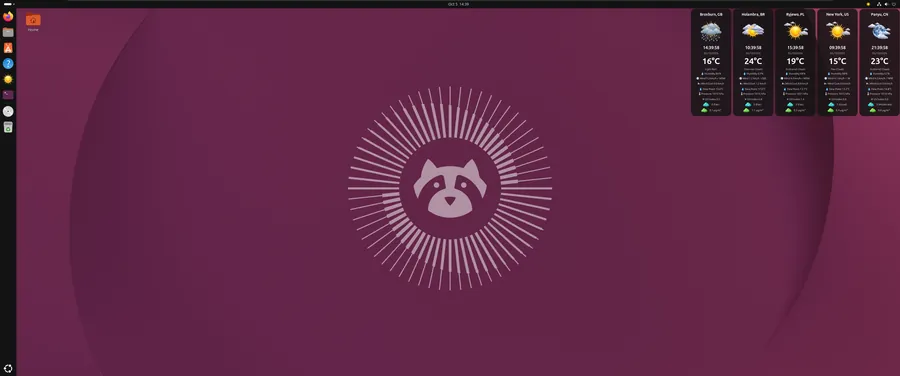 WeatherWidget on Ubuntu Linux positioned vertically alongside desktop dock
