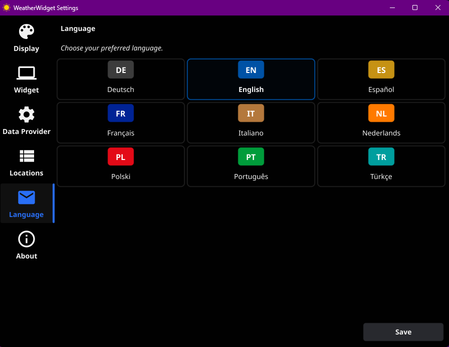 WeatherWidget settings panel for selecting application languages
