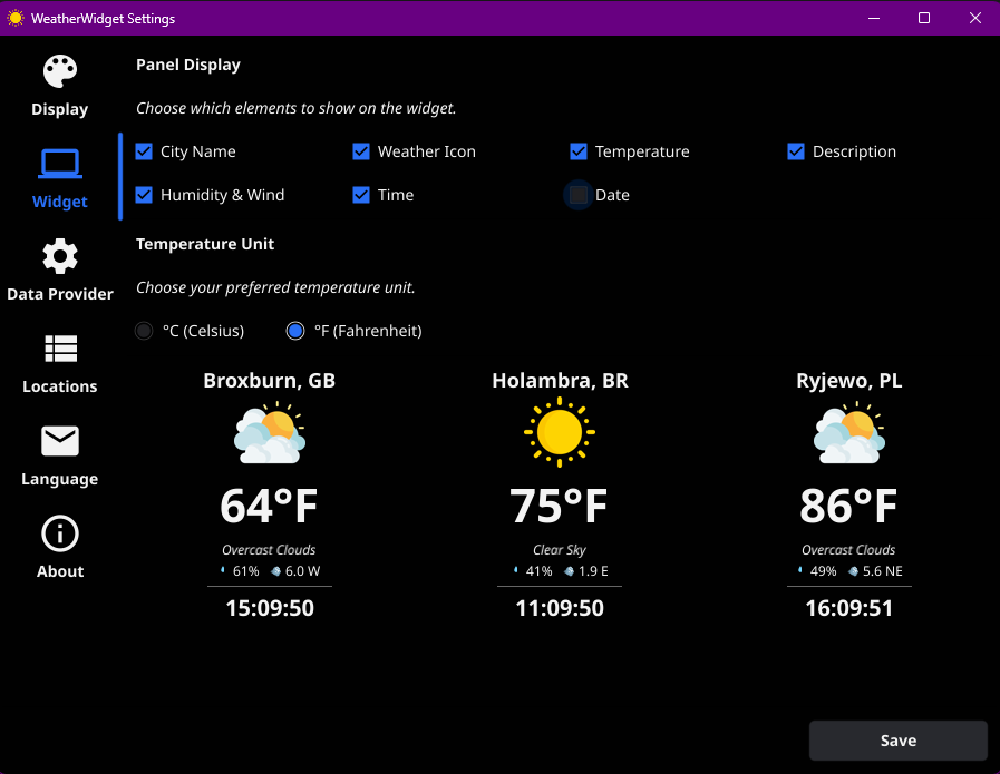 WeatherWidget dynamic widget preview settings in Fahrenheit