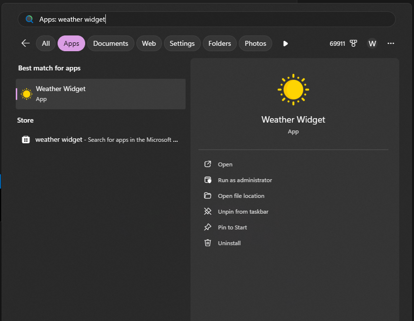 WeatherWidget application entry displaying in the Windows Start menu search results
