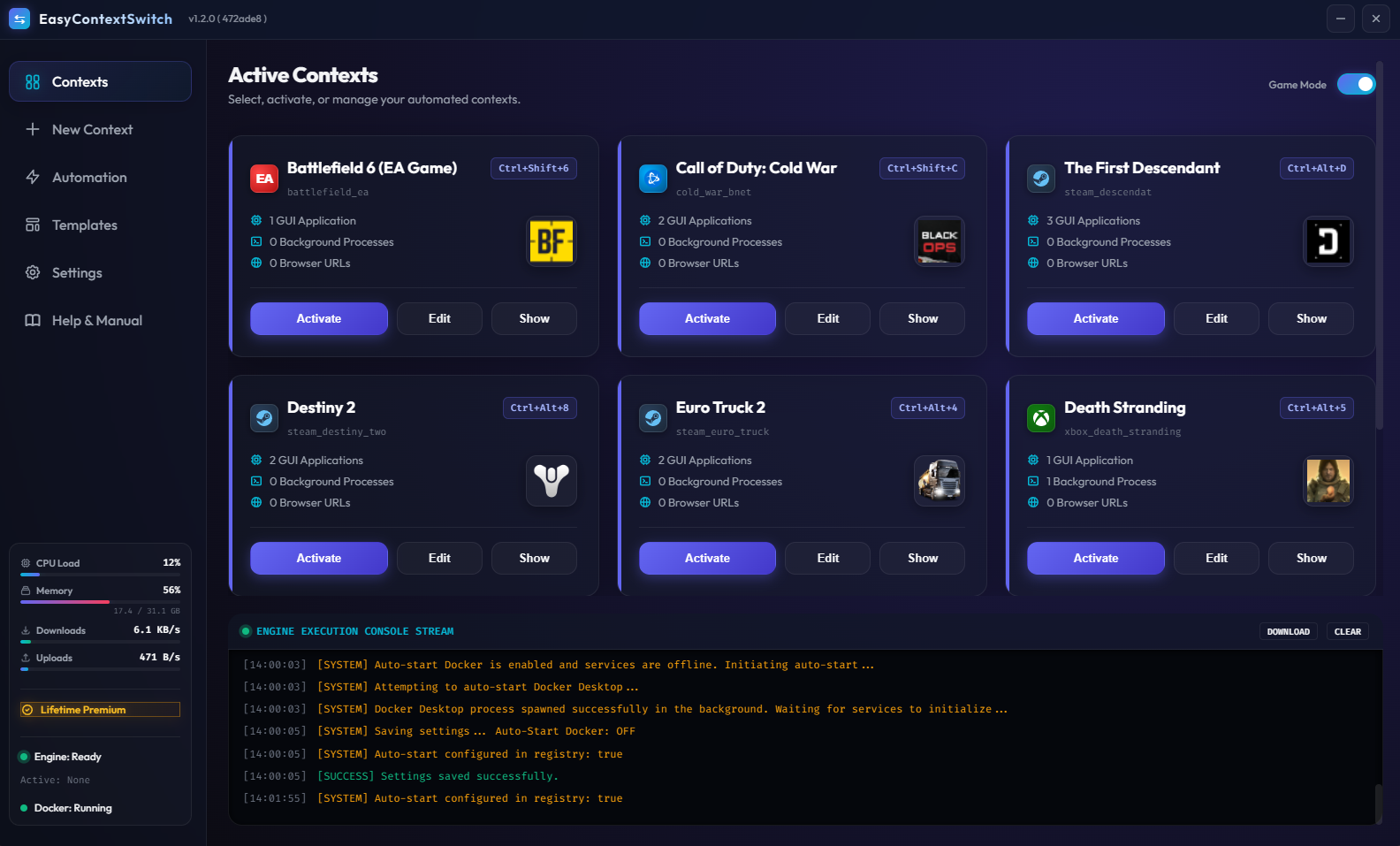 EasyContextSwitch Workspaces Overview dashboard displaying created environment cards and logs