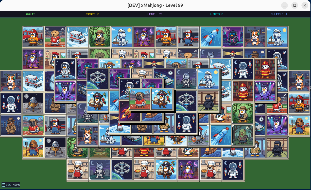 xMahjong Tux penguin board layout showing classic 144 tiles turtle configuration